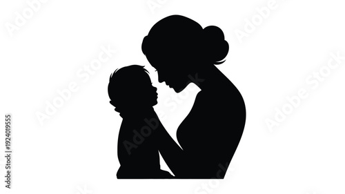 Silhouette of mother and child embracing tender moment black outline on white background love and family concept