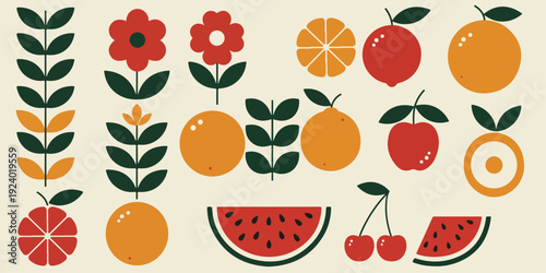 Colorful illustration of various fruits and flowers in a vibrant and playful style
