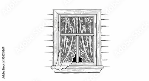 Wooden framed window with delicate lace curtains blowing slightly outward