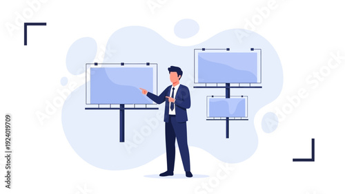 Businessman Presenting Billboard Advertising on White Background