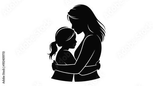 Mother and child hug silhouette of woman embracing little girl love and care