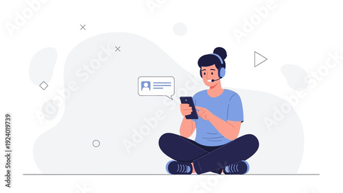 Young woman with headset and smartphone, online communication and support concept