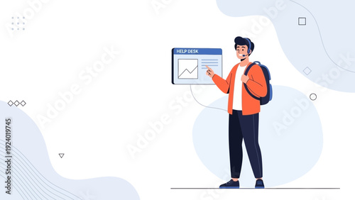 Young Man with Headset and Backpack Presenting Help Desk Data on Screen