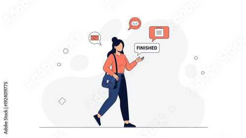 Woman walking with messages and 'finished' notification