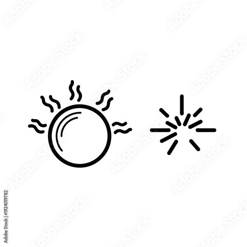 Set of two abstract outline icons: a radiant sun emitting heat waves and a dynamic starburst explosion, representing heat and energy release.