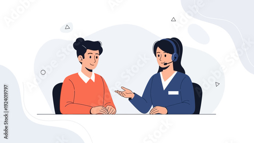 Customer service operator assisting a client with headset, flat design illustration