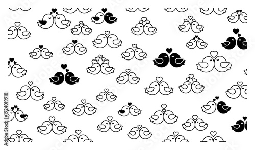 Seamless pattern featuring cute loving bird couples with hearts
