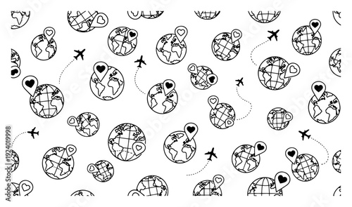 Seamless pattern featuring outline globes with airplanes and heart map pins