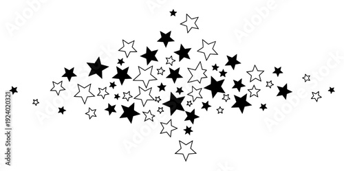 Horizontal trail of black and white stars in mixed silhouette and outline styles