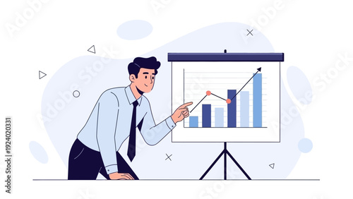 Businessman presenting growth chart on whiteboard, financial analysis, business strategy concept