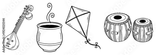 Hand drawn indian cultural symbols including sitar tabla and kite