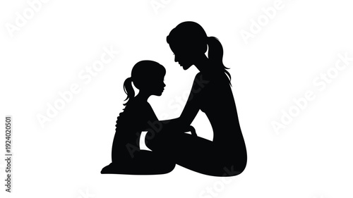 Mother and child sitting together in a tender moment silhouette against a white background symbolizing love and connection