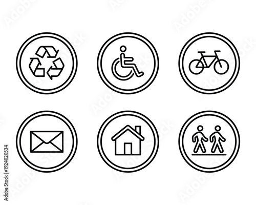 Collection of six circular vector icons representing recycling disability bicycle envelope house and pedestrians