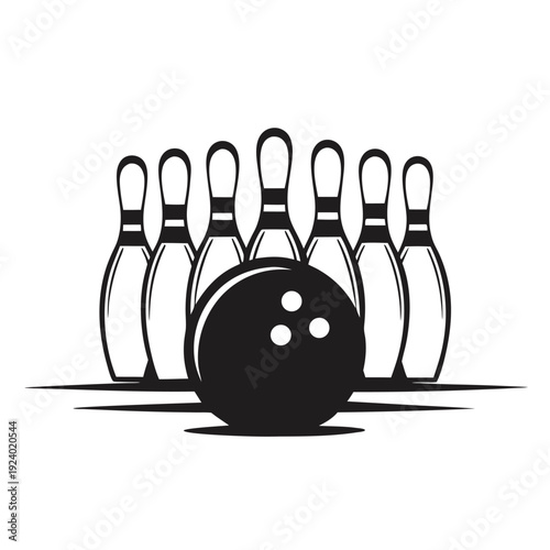 A dark bowling ball sits before a set of pins surrounded by stars graphic