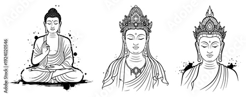 Hand drawn sketch of buddha and bodhisattva spiritual figures
