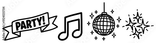 Hand drawn party doodle icons featuring disco ball and music notes