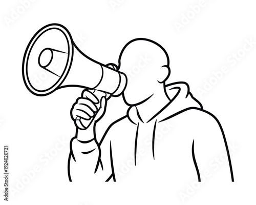 Stylized illustration of a person wearing a hoodie holding a megaphone and shouting loudly