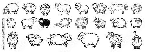 Large collection of cute cartoon sheep characters in various funny poses