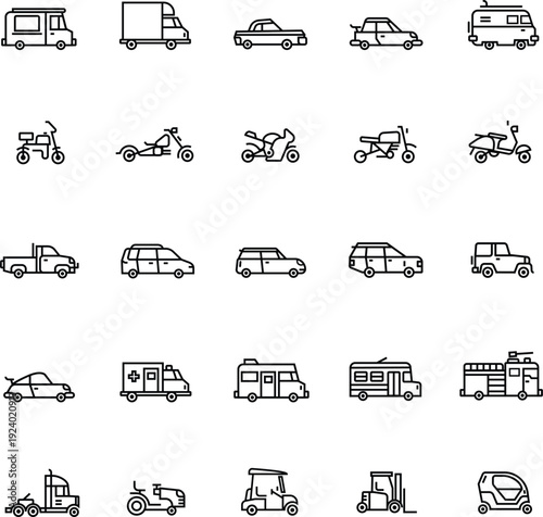 Comprehensive set of 25 minimalist linear icons featuring a wide variety of vehicles including emergency services, industrial machinery, and recreational transport.