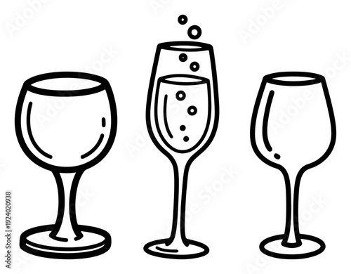 Set of hand drawn wine glass and champagne icons