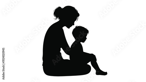 Mother and child sitting together in silhouette conveying love and care on a white background