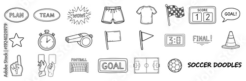 Set of hand drawn soccer doodles and football sport icons