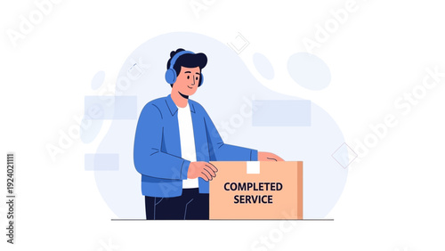 Customer service agent with completed service package, flat illustration