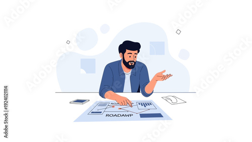 Confused Businessman Planning Road Map Strategy at Desk