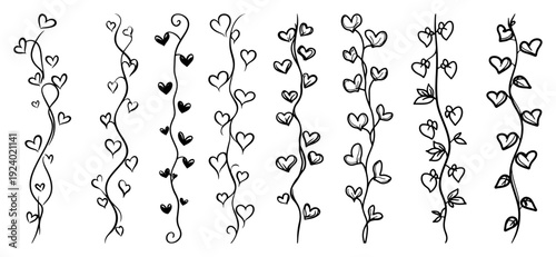 Set of hand drawn vertical heart vine borders and dividers