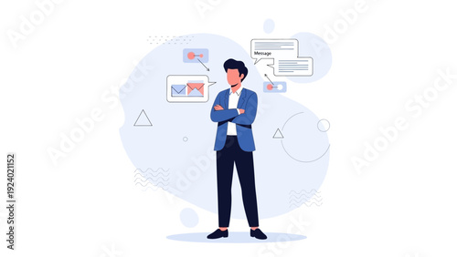 Man thinking with crossed arms, planning and decision making illustration