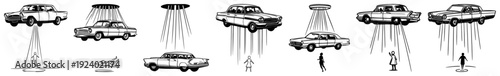 Fotografie Surreal sketch of retro cars floating with alien abduction light beams
