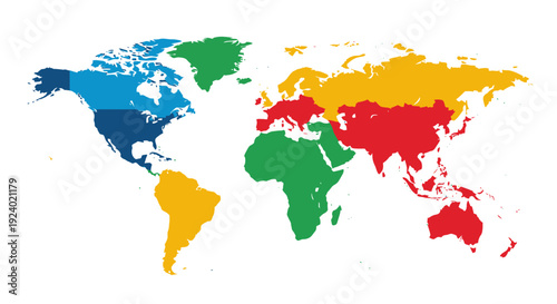 Colorful world map illustration depicting continents and oceans on white