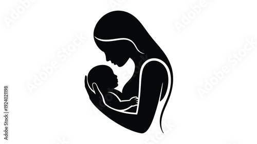 Mother tenderly holding newborn baby close to her chest in a loving embrace silhouette