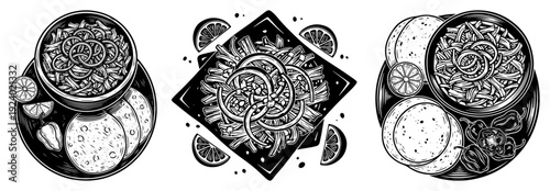 Detailed hand drawn food dishes with noodles and vegetables