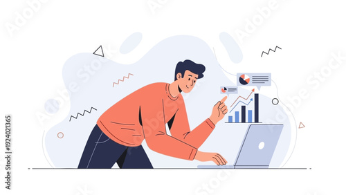 Man analyzing data on laptop, business growth chart, financial success concept illustration