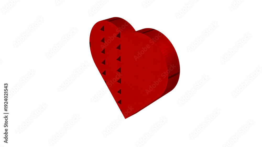 Fototapeta premium 3D render of red heart-shaped object with extruded block form, ribbed sides, and black triangular grid pattern. Isolated on transparent background, perfect for design, decoration, or creative projects