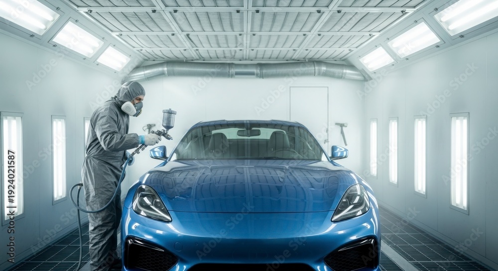 Fototapeta premium Professional auto body shop technician painting a blue sports car