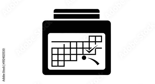 Black and White Calendar Icon with Checkmark and Arrow