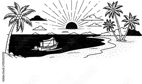 Tropical sunrise over calm sea with palm trees and sailboat