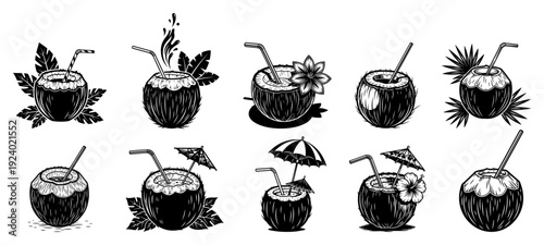 Collection of refreshing coconut cocktail drinks with straws and umbrellas