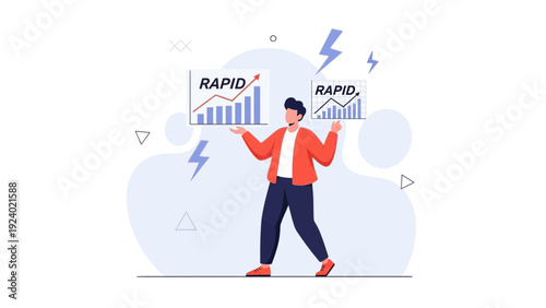 Man holds two charts showing rapid growth and statistics, business concept