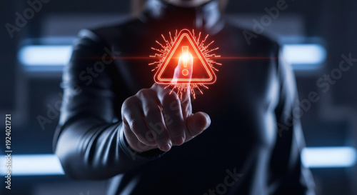 Businessman Interacting with Digital Warning Symbol, Cybersecurity Alert and Technology Concept