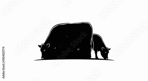 Two black cows grazing in silhouette against a white background