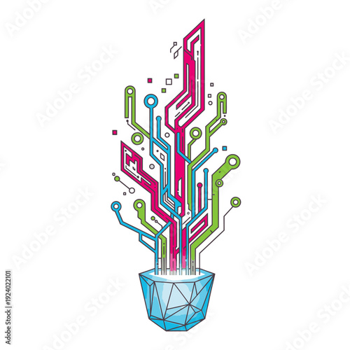Abstract digital plant with colorful circuit board lines growing from a crystal pot, symbolizing data flow, technological innovation, and future growth.