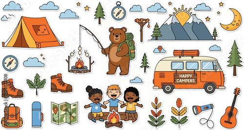 Whimsical camping adventure scene with cheerful bear, kids, tent, and van