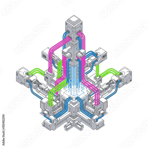 Abstract futuristic industrial complex with colorful pipes and energy flow, isometric view