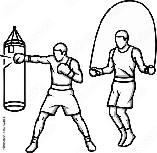 Two boxers training one punching a bag, the other skipping rope