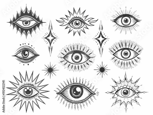 Collection of intricately drawn eyes and celestial starburst elements