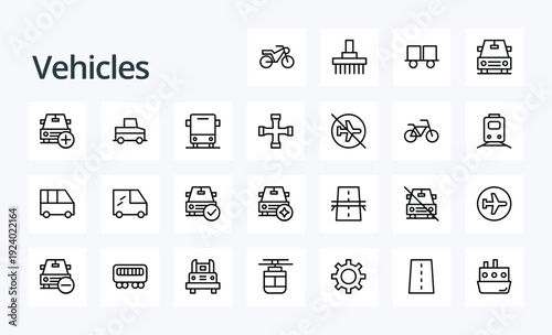 vehicle and infrastructure icons featuring cars, public transit, road symbols, and maritime vessels for smart city applications.