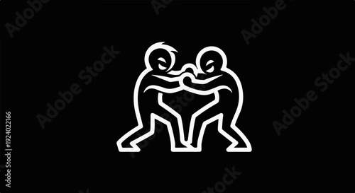 Two stylized figures locked in a wrestling embrace on a black background